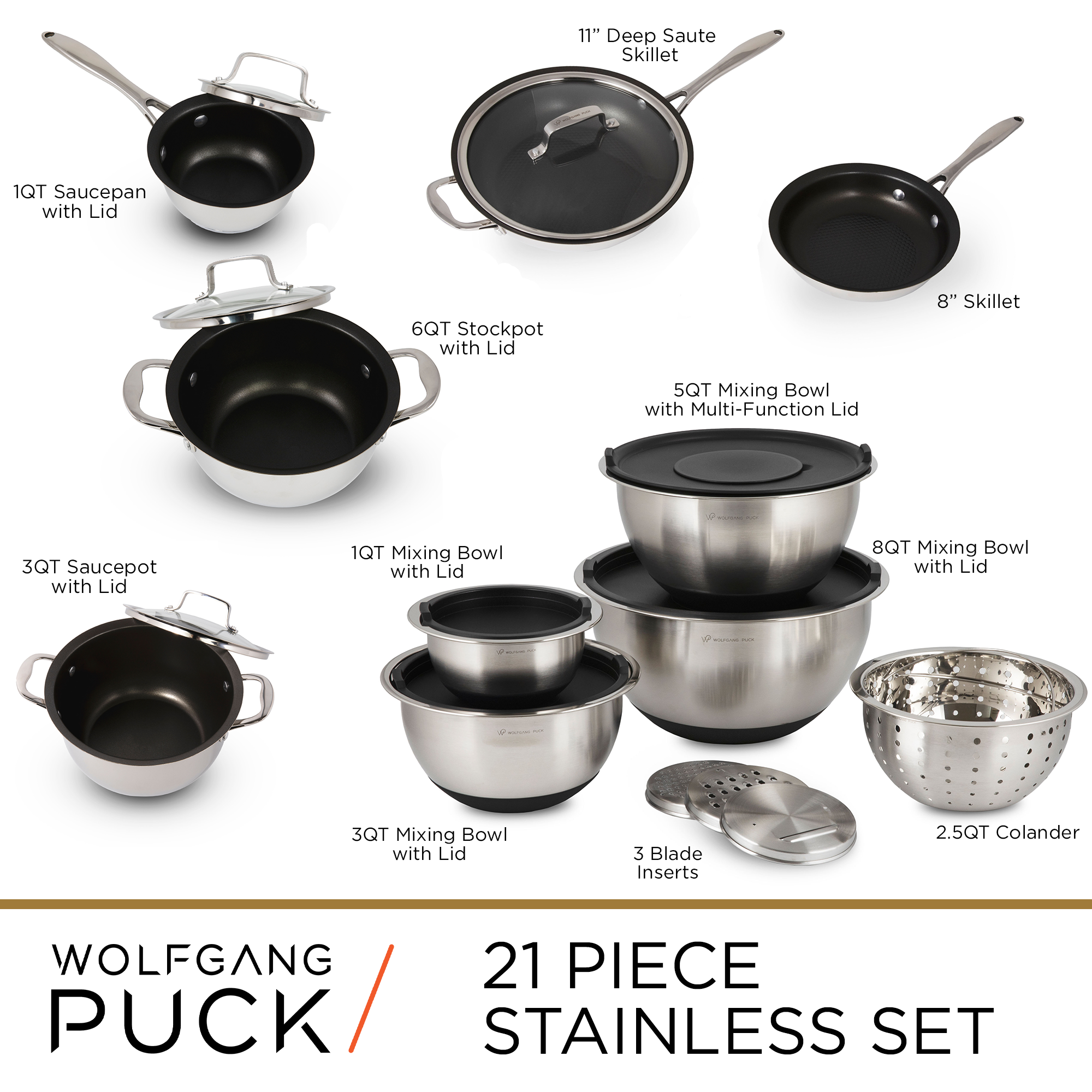 Wolfgang Puck's Cafe Collection 11 pc set Stainless steel pots and pans W/  Lids
