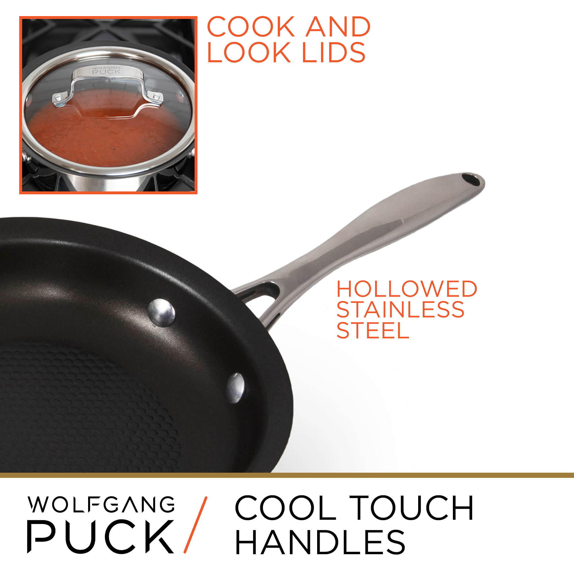 Wolfgang Puck 15-Piece Kitchen Essentials Set, Stainless Steel Skillets and Mixing Bowls, Nonstick Cookware Coating, Silicone Base Bowls