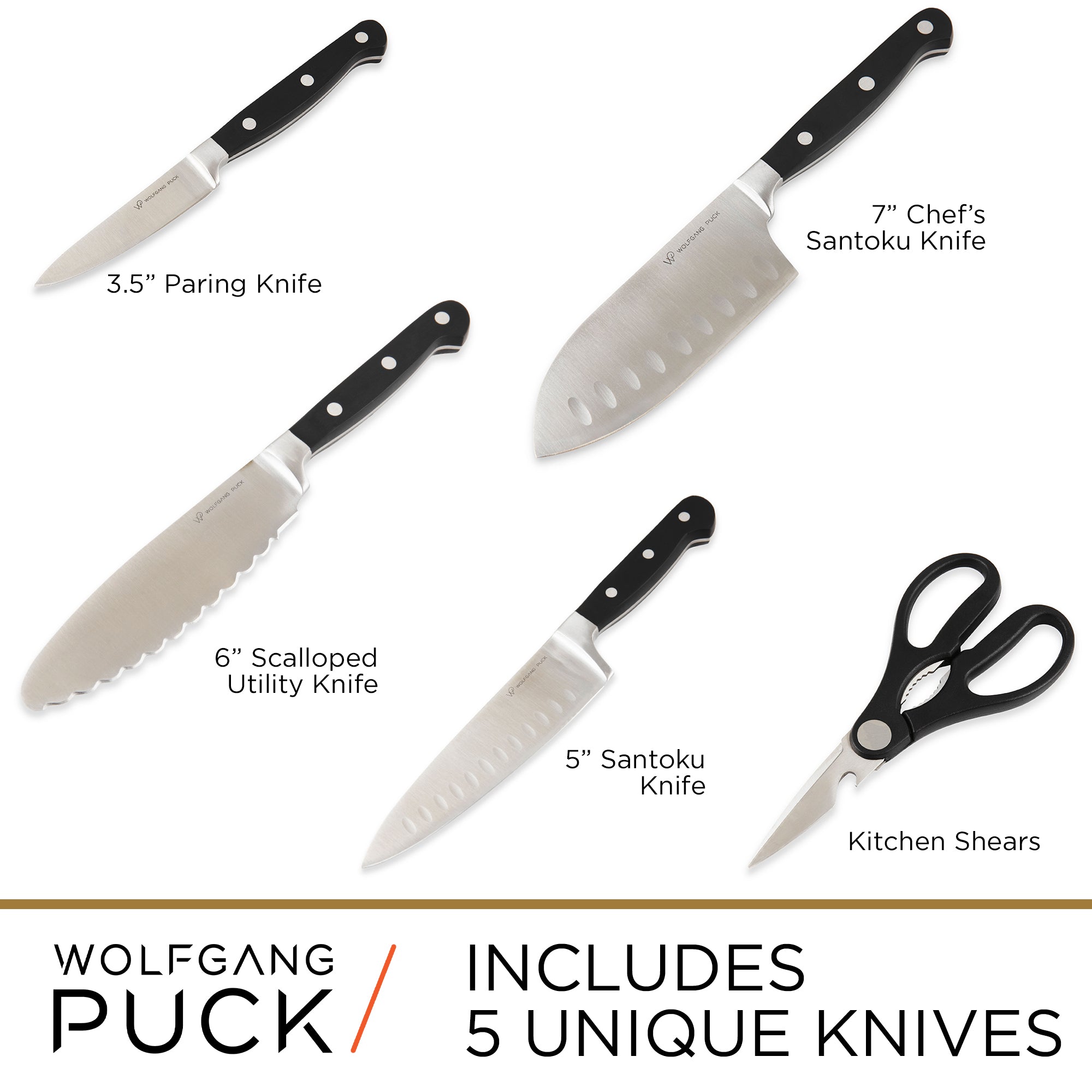 Wolfgang Puck 7 Piece Cutlery Knife Set with Wood Block includes scissors